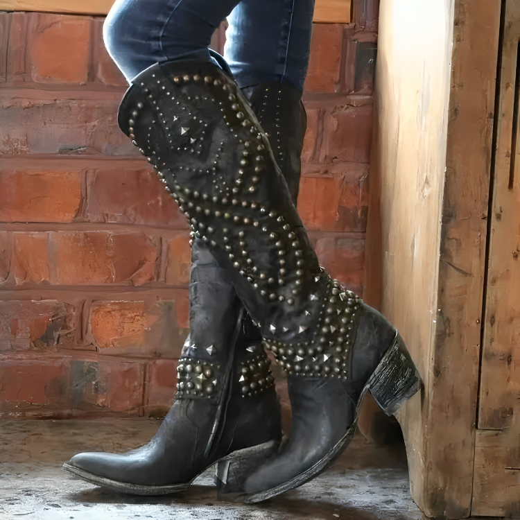 Dulcie Studded Western Knee-High Boots in Black