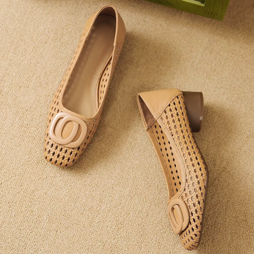 Rosemary woven buckle shoes in Caramel side view