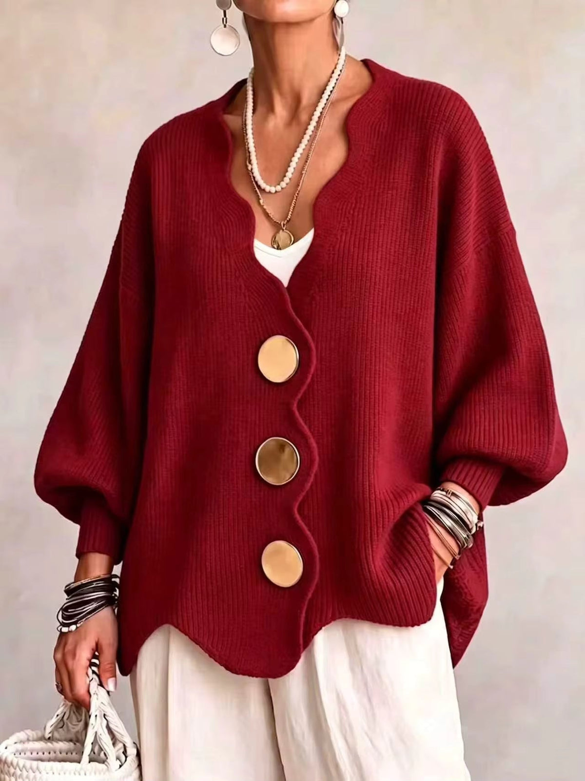 Dagny loose button knit cardigan in Red