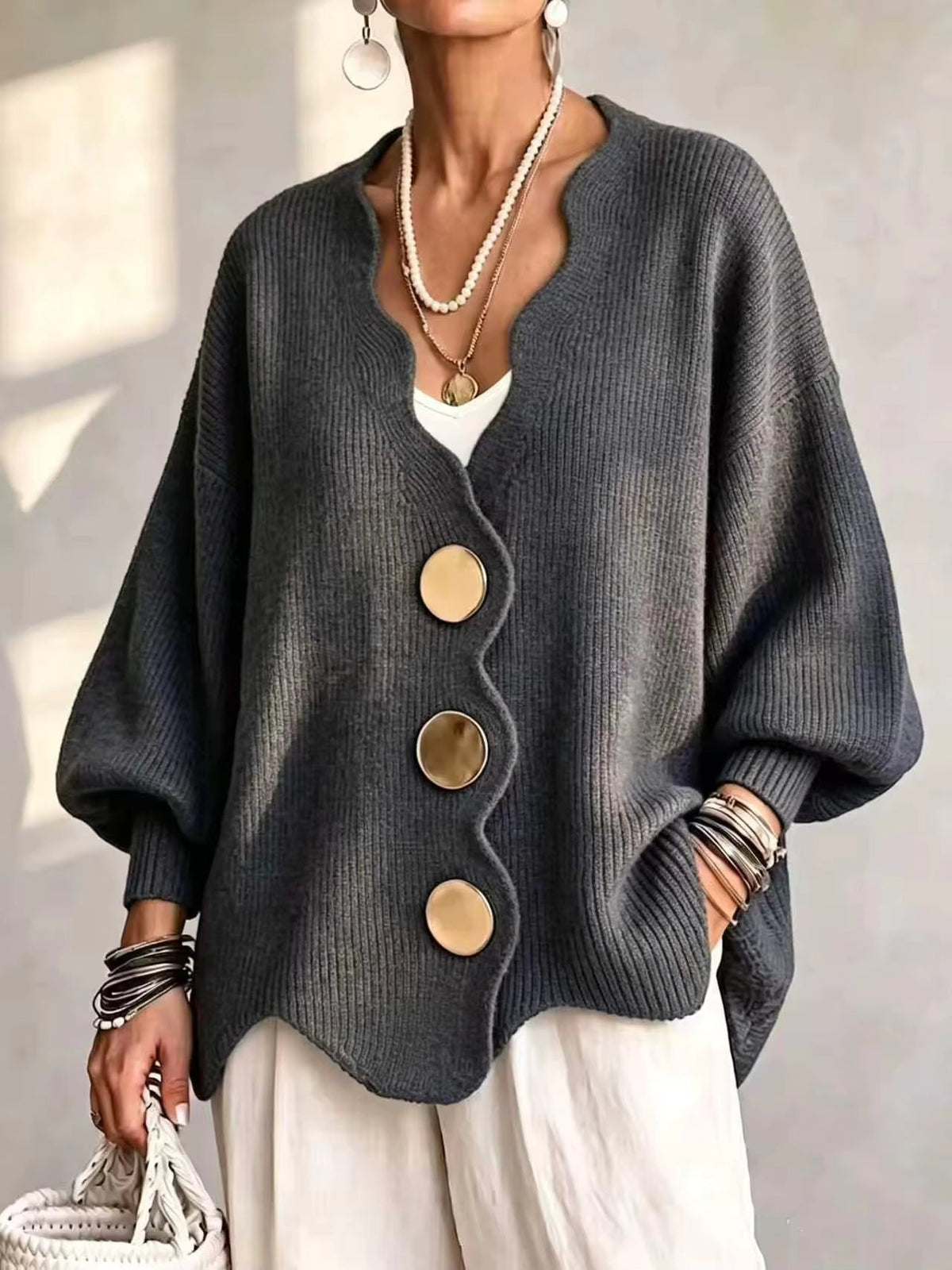 Dagny loose button knit cardigan in Dark Gray