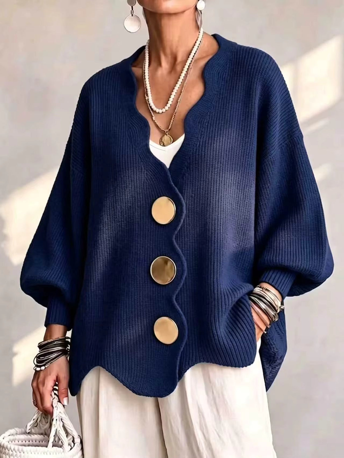 Dagny loose button knit cardigan in Navy Blue