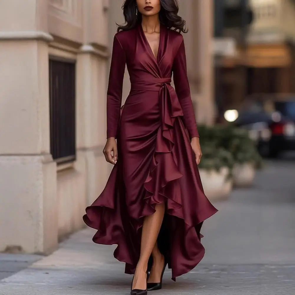 Charlotte | Long-sleeve evening dress with ruched V-neck bodice