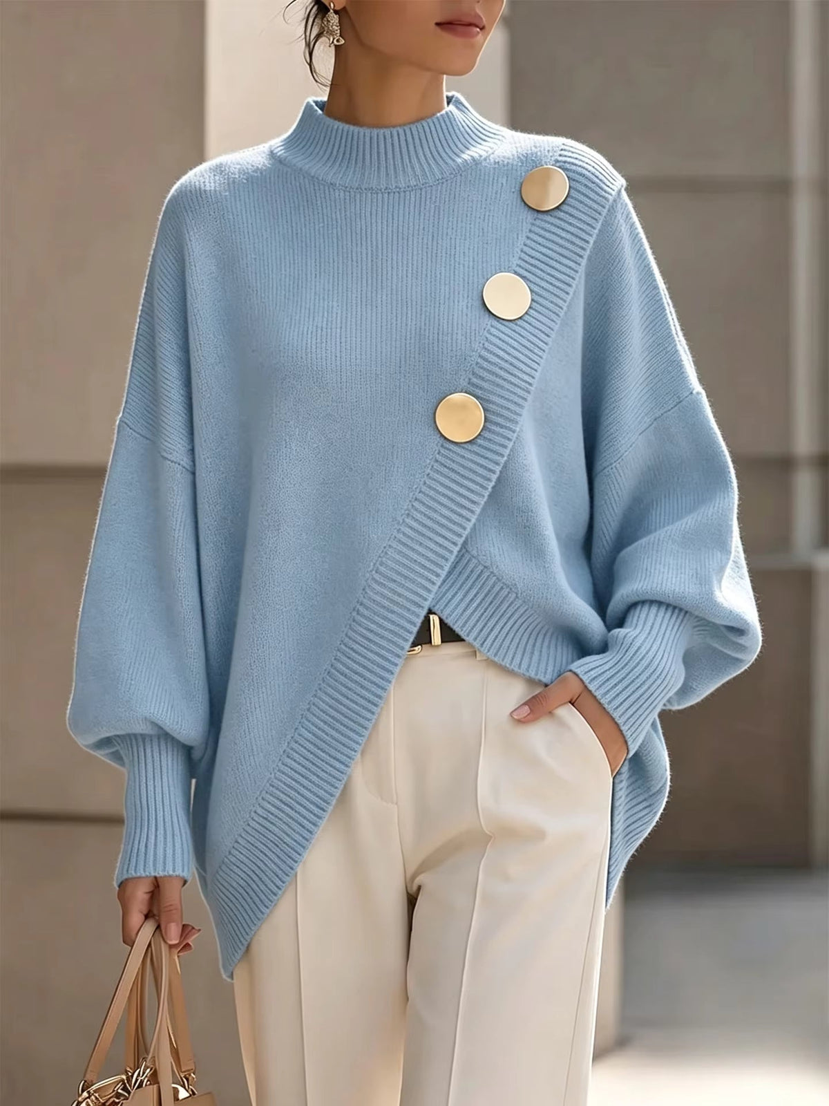 Ilse button detail knit sweater in Light Blue