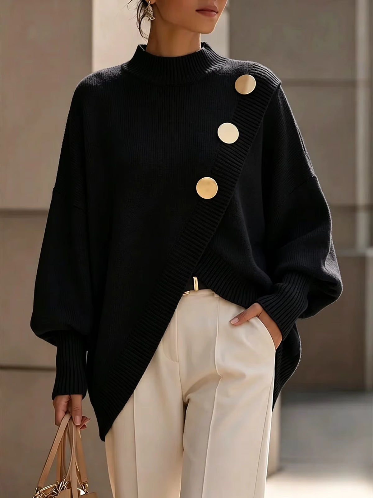 Ilse button detail knit sweater in Black