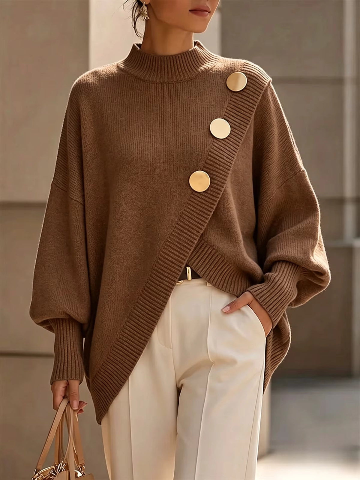 Ilse button detail knit sweater in Dark Brown