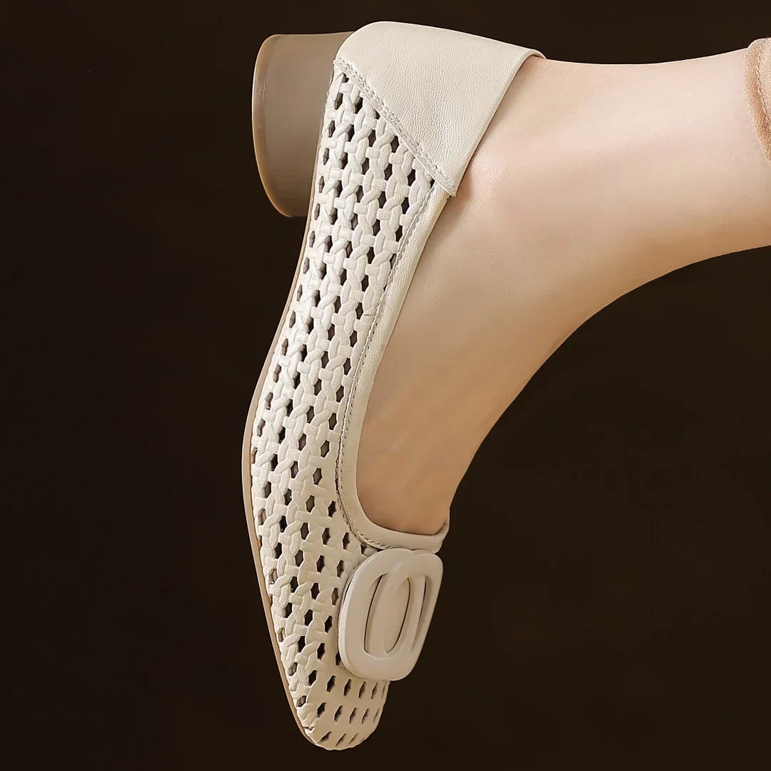 Rosemary woven buckle shoes on foot
