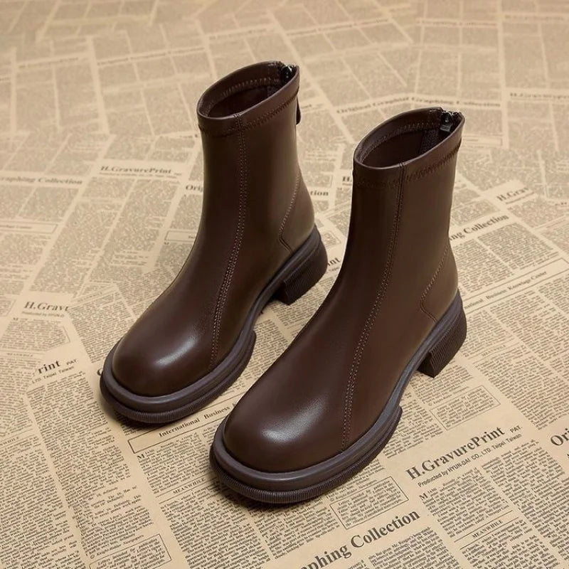 Kerensa Back-Zip Block Heel Ankle Boots in Brown
