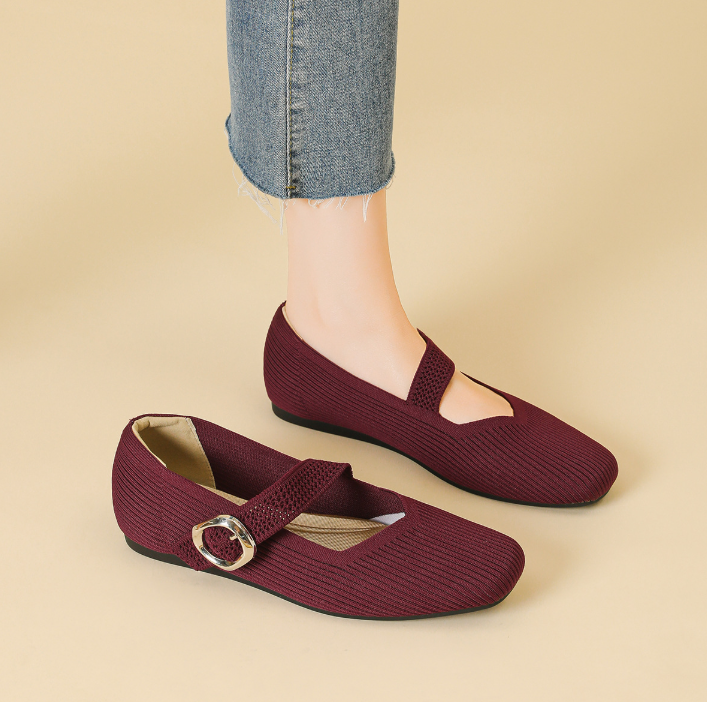 Mildred knit Mary Jane flats in Burgundy on foot