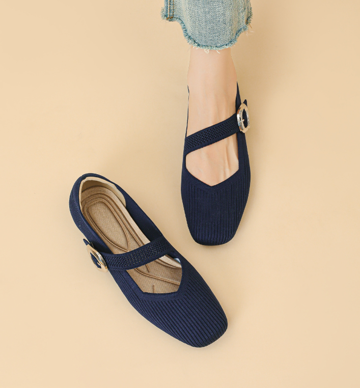 Mildred knit Mary Jane flats in Navy on foot