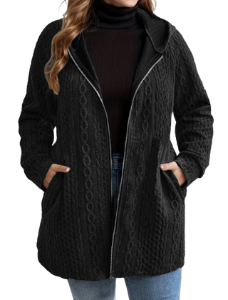 Cordella hooded cable knit coat in Black