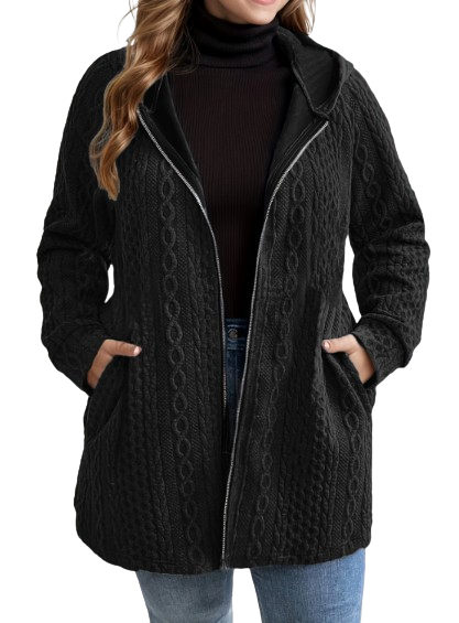 Cordella hooded cable knit coat in Black