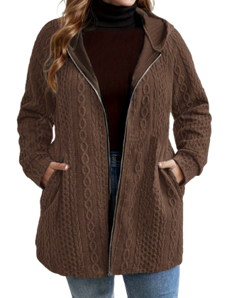 Cordella hooded cable knit coat in Brown