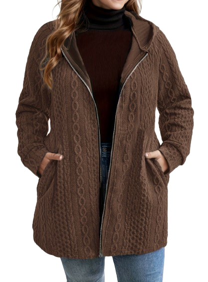 Cordella hooded cable knit coat in Brown