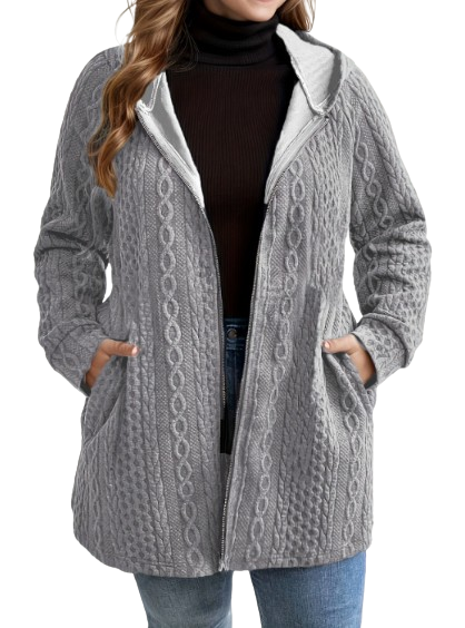 Cordella hooded cable knit coat in Light Gray