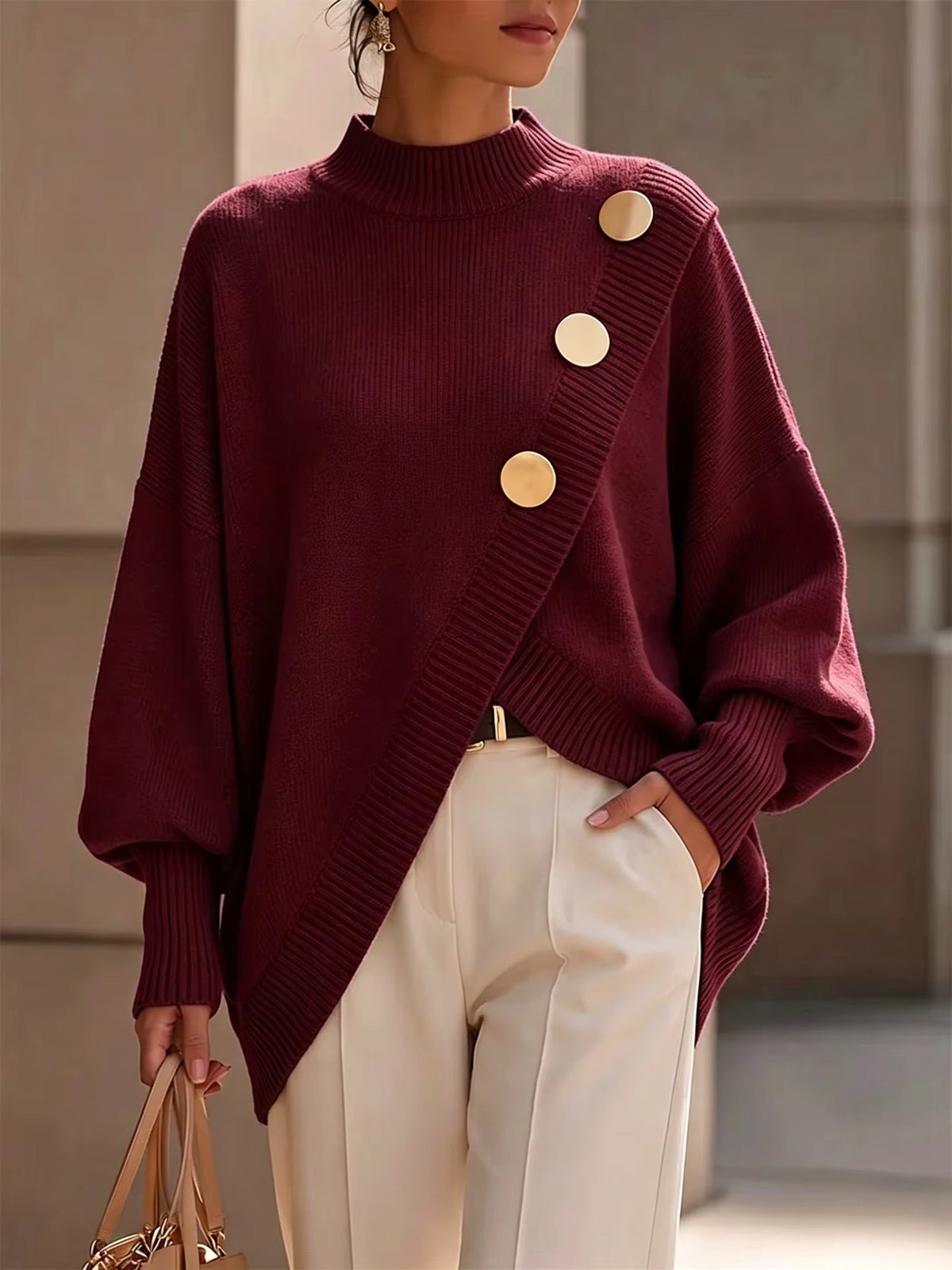 Ilse button detail knit sweater in Burgundy