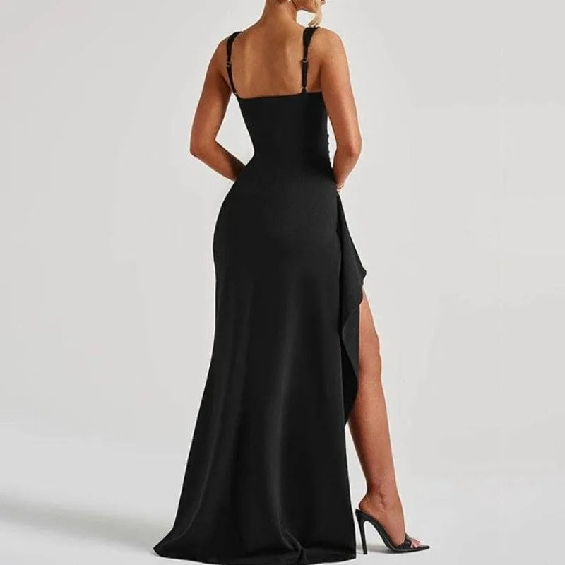 Anastasia | Black bodycon maxi dress with front slit and ruffle trim