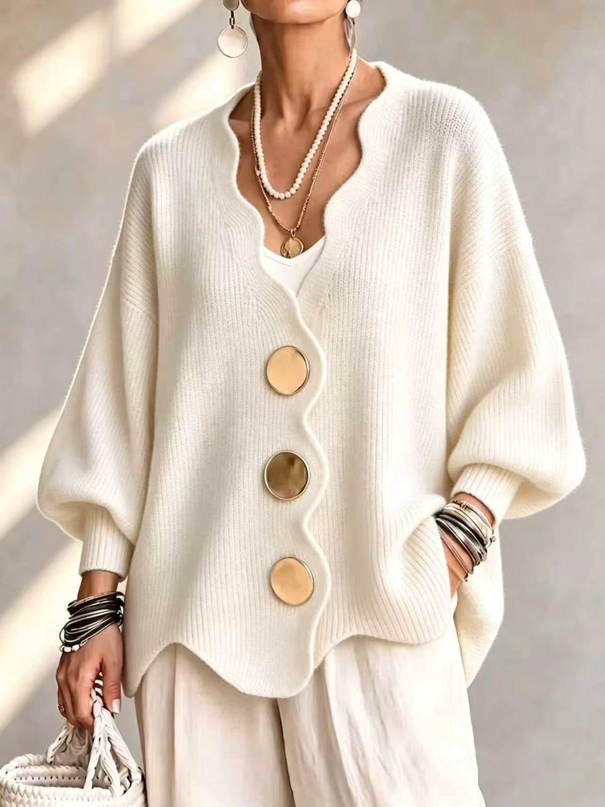 Dagny loose button knit cardigan in Off-White