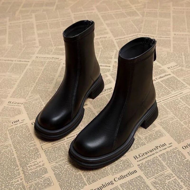 Kerensa Back-Zip Block Heel Ankle Boots in Black