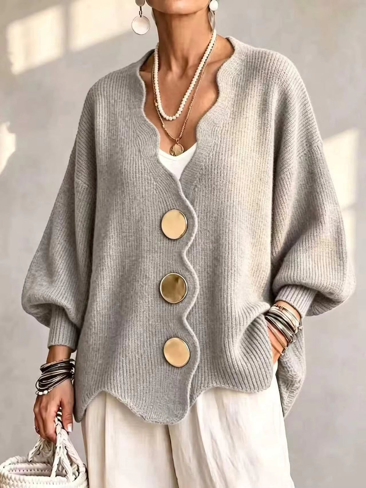 Dagny loose button knit cardigan in Light Gray
