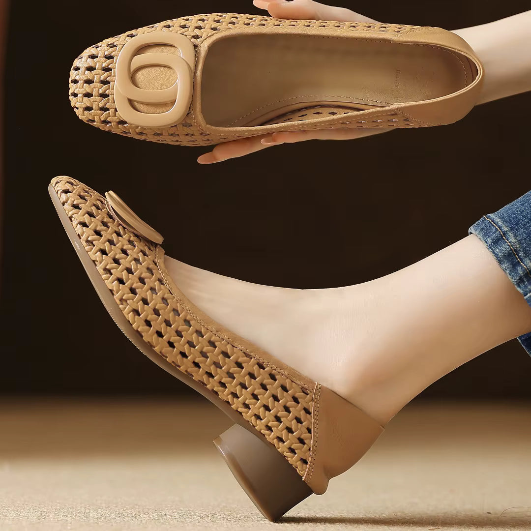 Rosemary woven buckle shoes in Caramel on foot