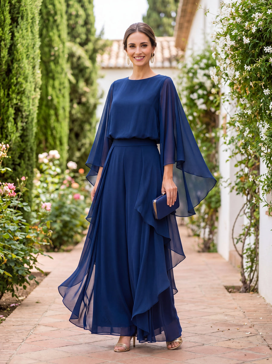 Rafaela cape sleeve chiffon two-piece set in Blue