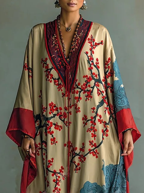 Emelda | Plum Blossom Print Batwing-Sleeve Maxi Dress