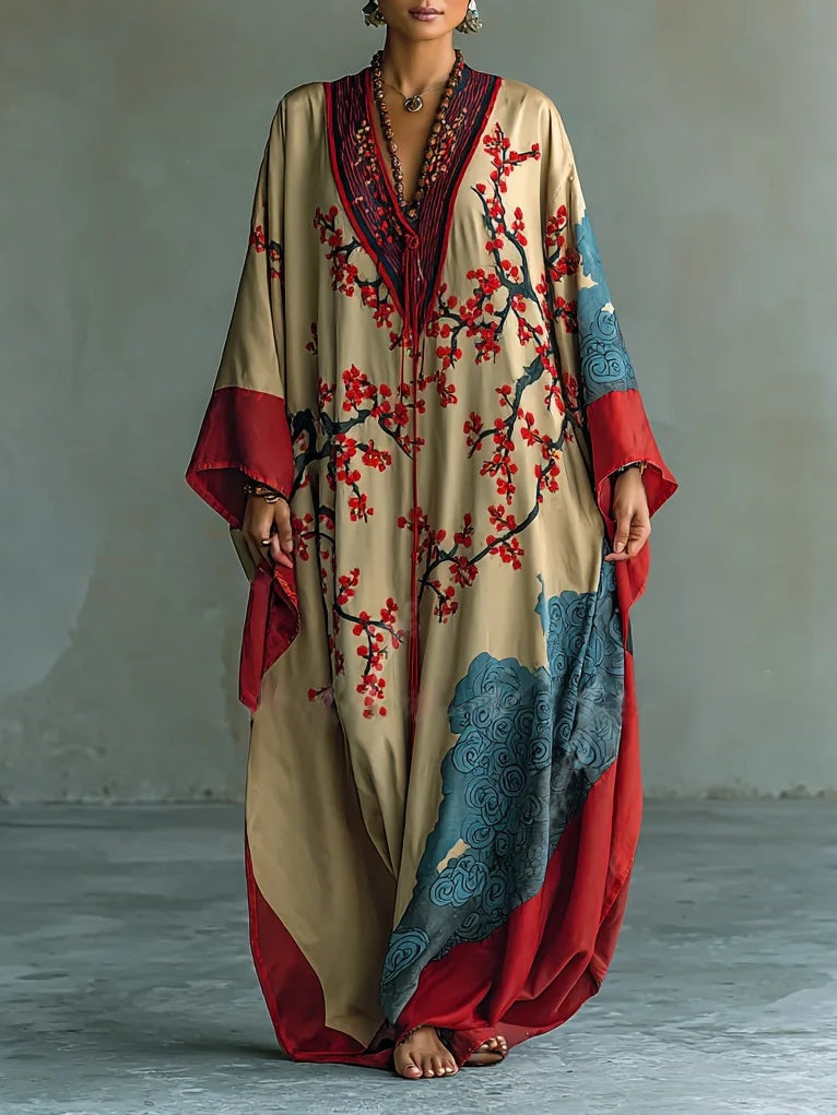 Emelda | Plum Blossom Print Batwing-Sleeve Maxi Dress