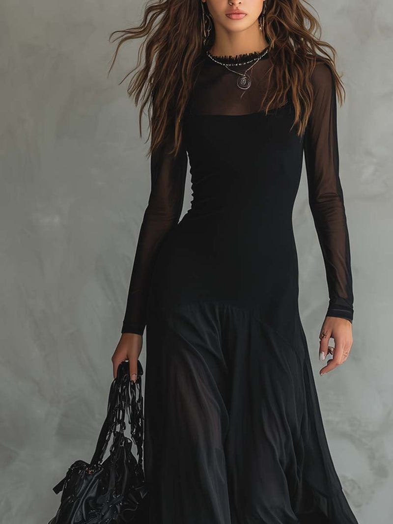 Evalina | Sheer-Sleeve Flowy Maxi Dress