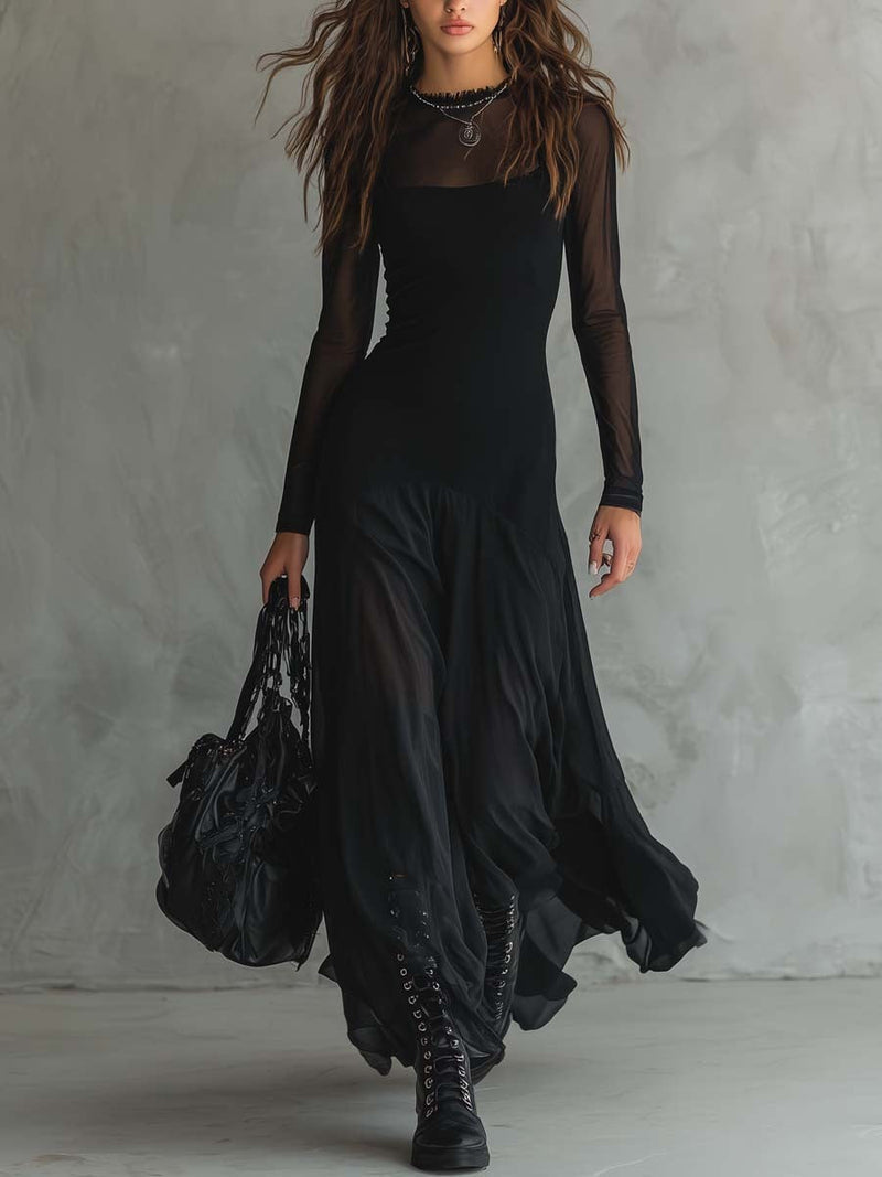 Evalina | Sheer-Sleeve Flowy Maxi Dress