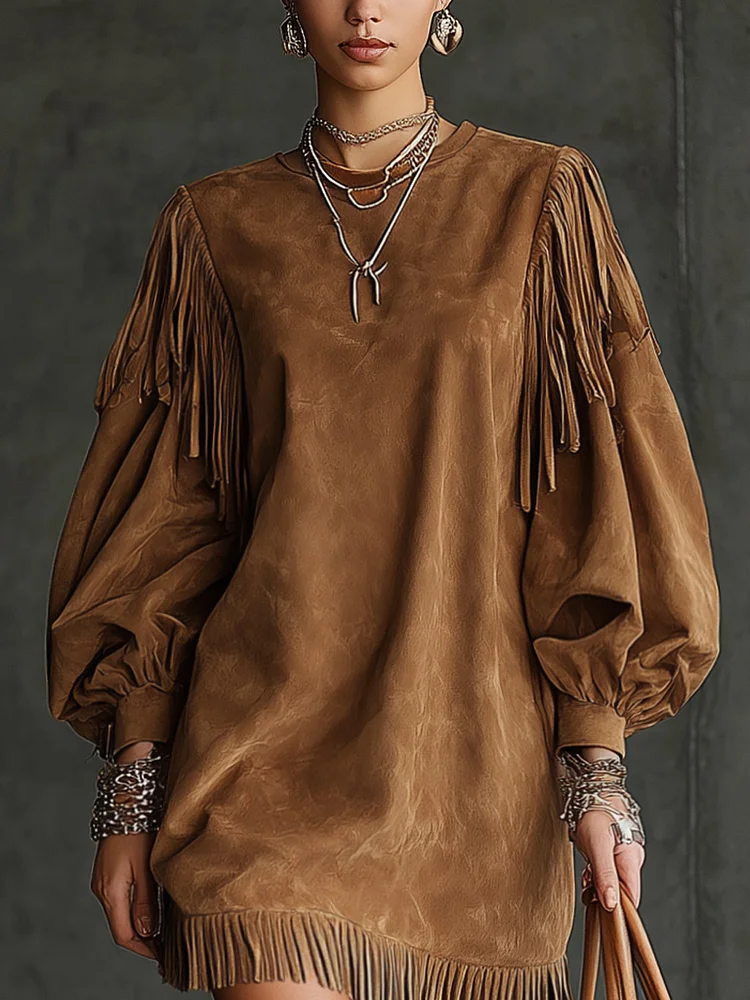 Clio | Fringe Suede-Look Mini Dress with Puff Sleeves