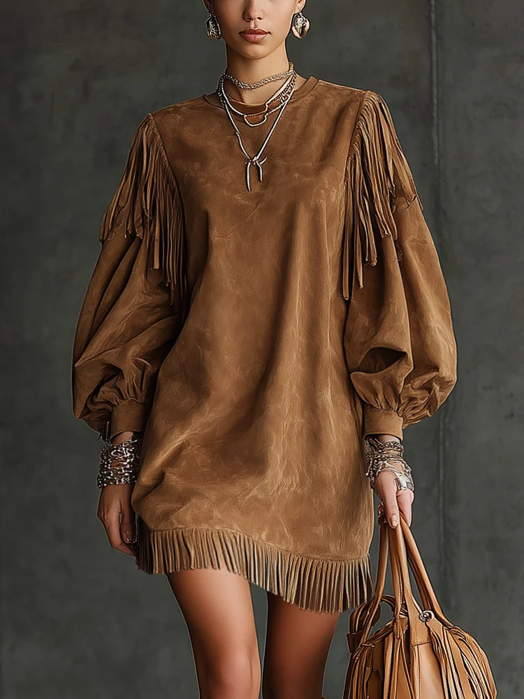 Clio | Fringe Suede-Look Mini Dress with Puff Sleeves