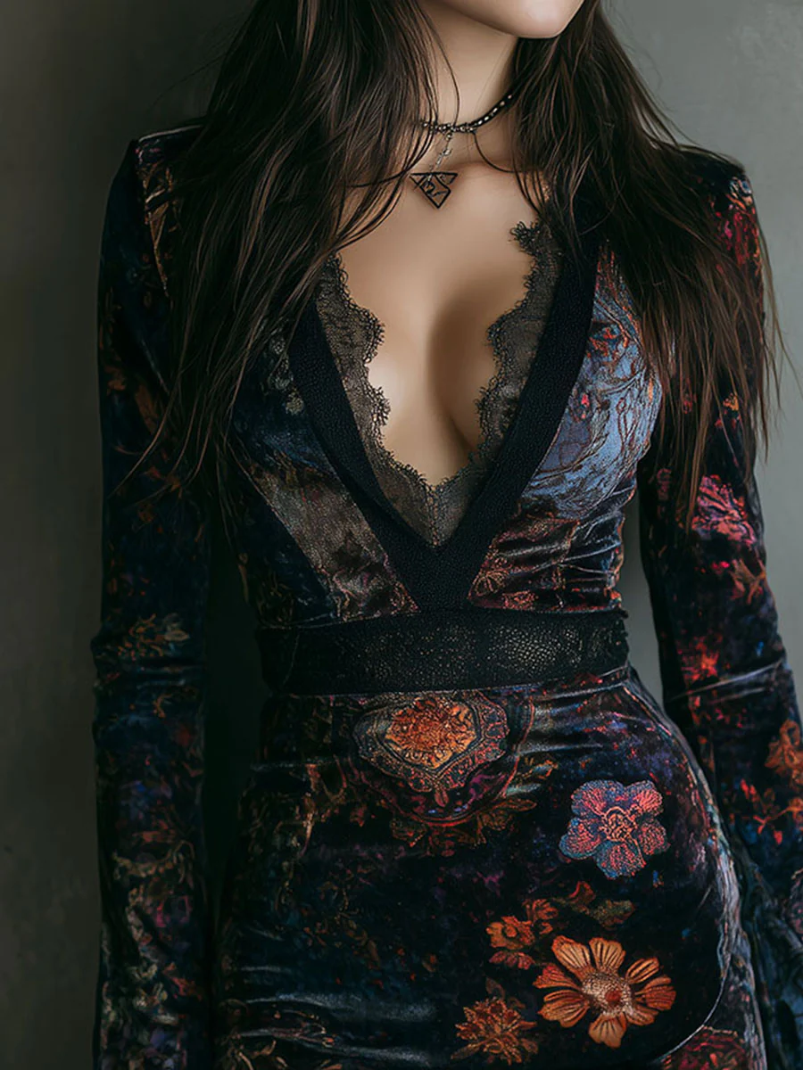 Dominique | Floral Velvet Lace-Trim Mini Dress