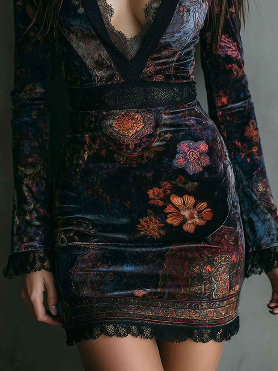 Dominique | Floral Velvet Lace-Trim Mini Dress