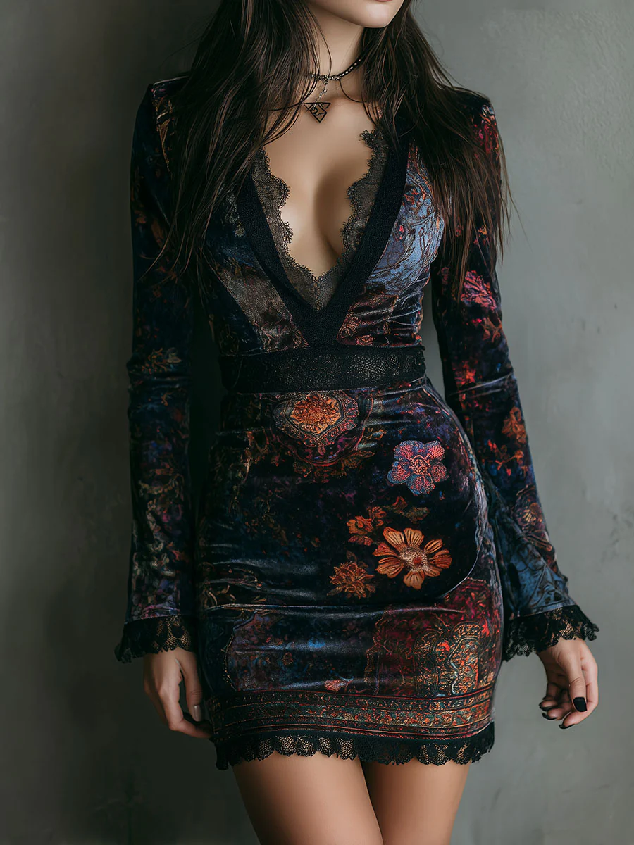 Dominique | Floral Velvet Lace-Trim Mini Dress