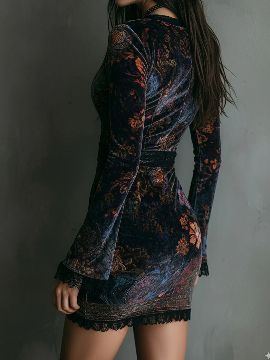 Dominique | Floral Velvet Lace-Trim Mini Dress