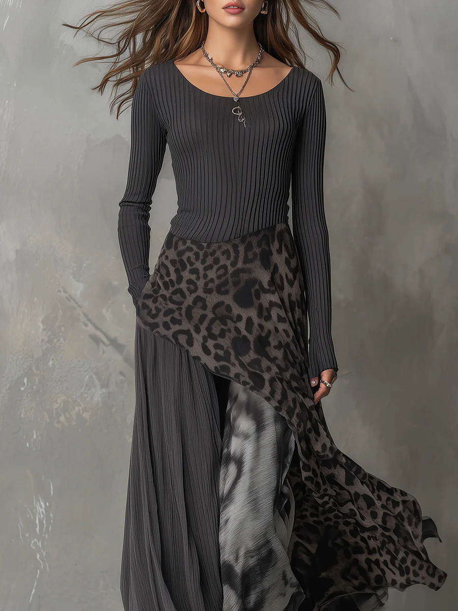 Erika | Pinstripe and Leopard Asymmetrical Maxi Dress