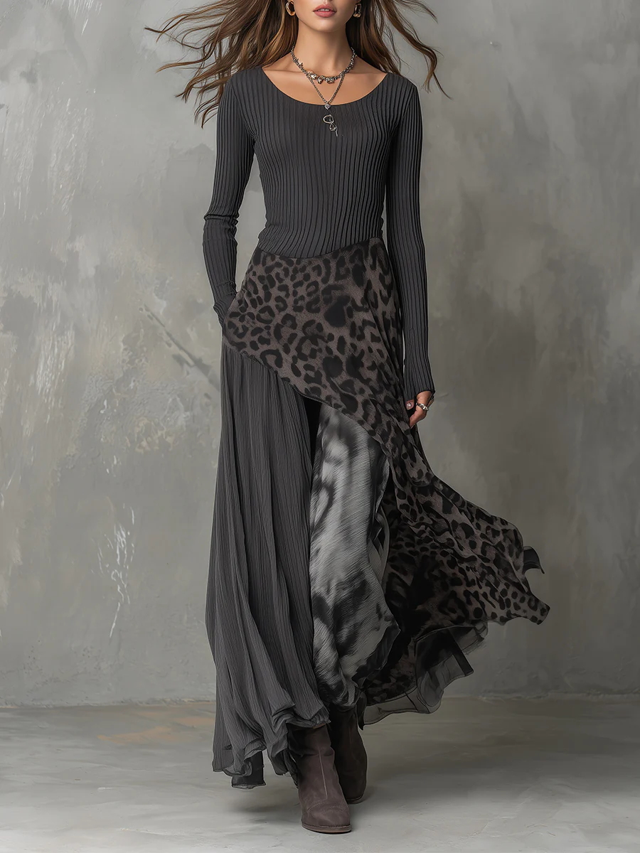 Erika | Pinstripe and Leopard Asymmetrical Maxi Dress