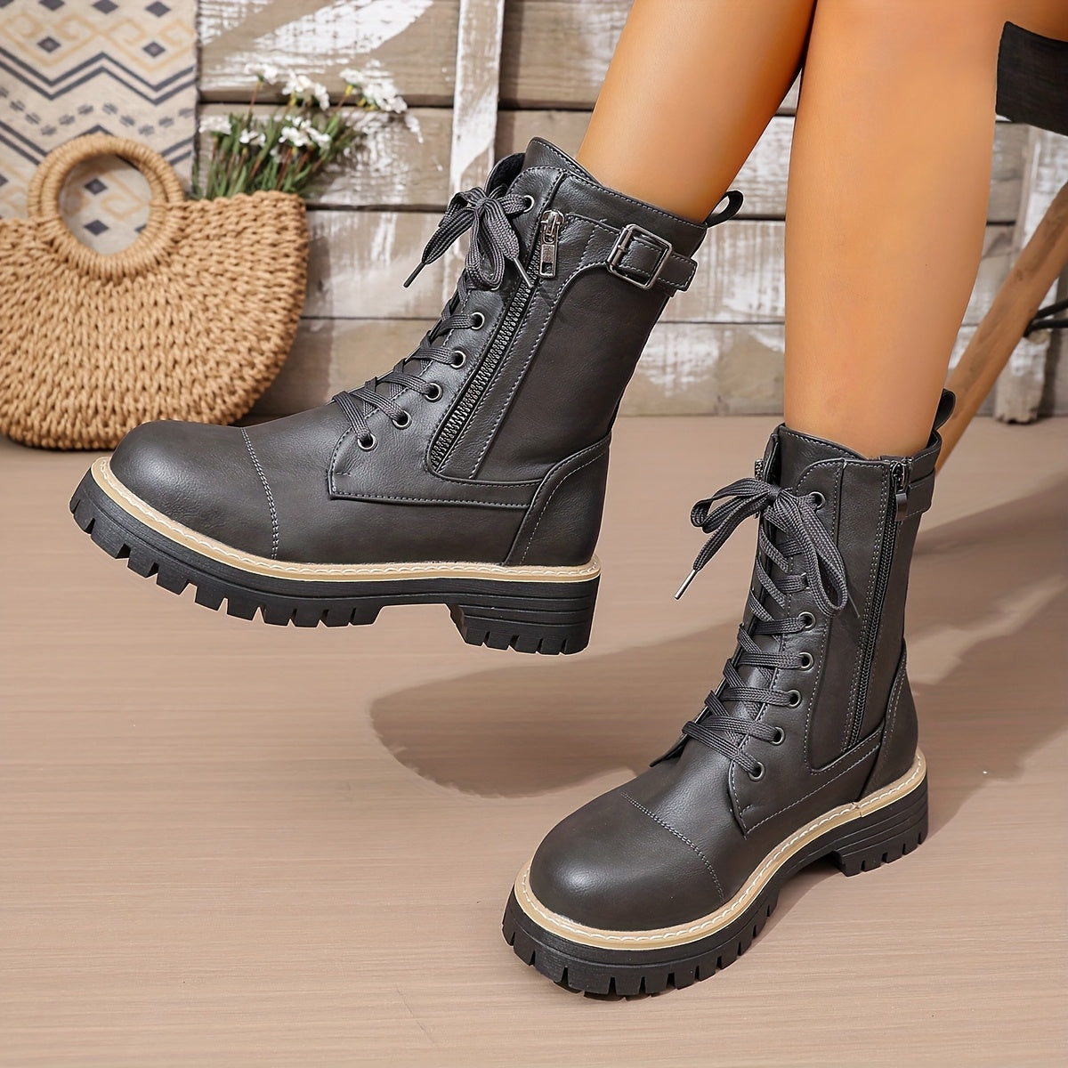 Cassia Lace-Up Side-Zip Combat Boots