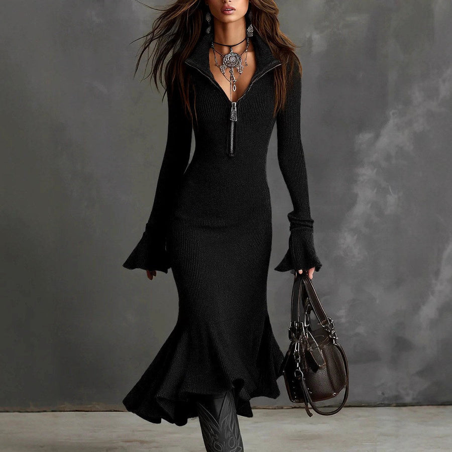Britta | Ribbed Zip-Neck Knit Midi Dress