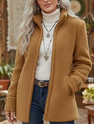 Edwina Cozy Stand-Collar Full-Zip Jacket in Camel