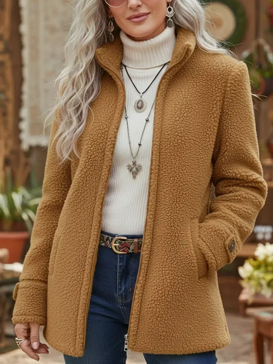 Edwina Cozy Stand-Collar Full-Zip Jacket in Camel