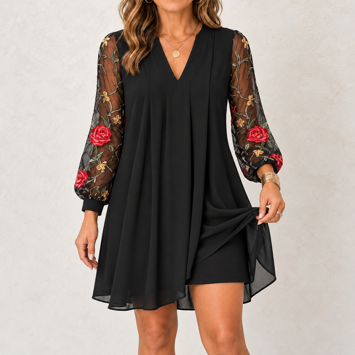 Lucienne embroidered sleeve V-neck dress in Black