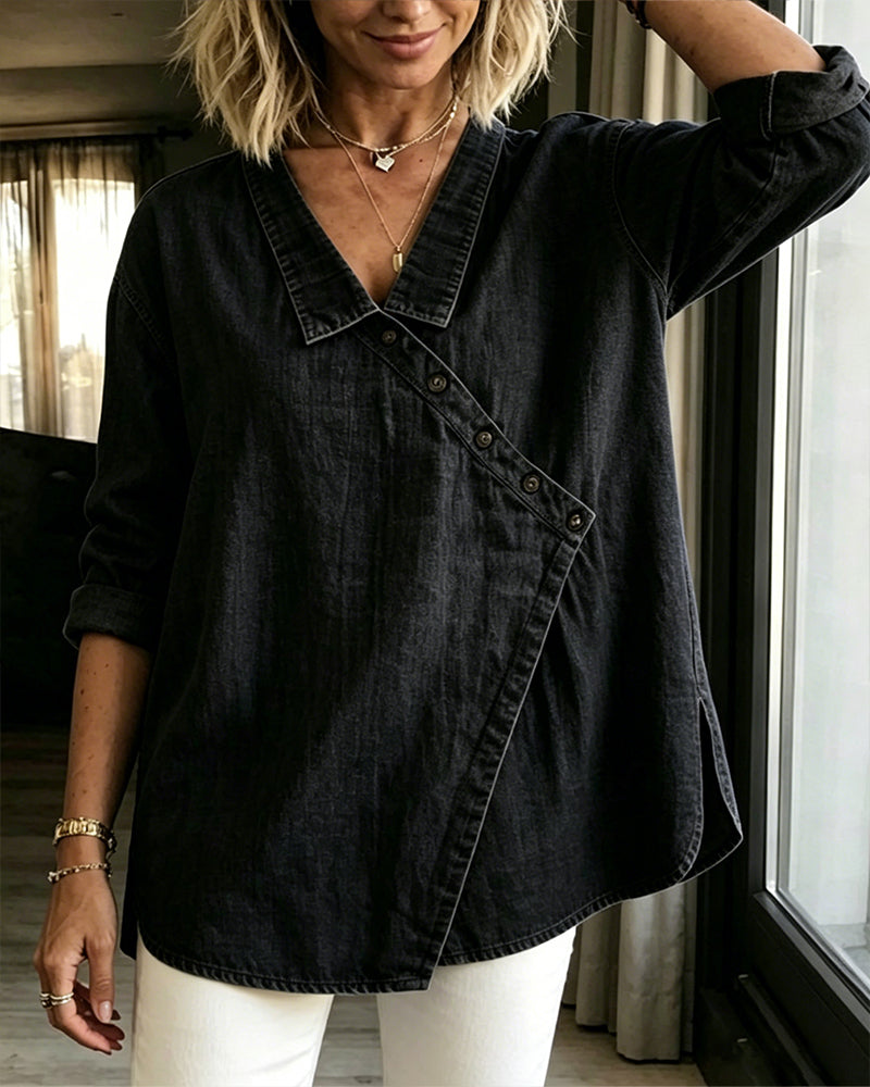 Maggie | Denim-Look Button-Front Blouse