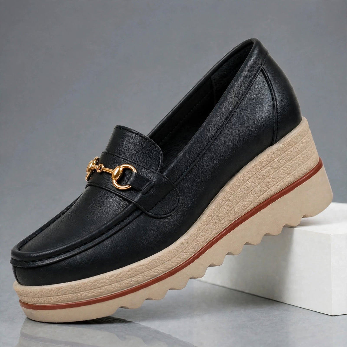 Audrey gold-bit wedge loafers in Black side view