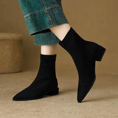 Nelda Suede Pointed-Toe Block Heel Ankle Boots in Black