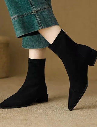 Nelda Suede Pointed-Toe Block Heel Ankle Boots in Black