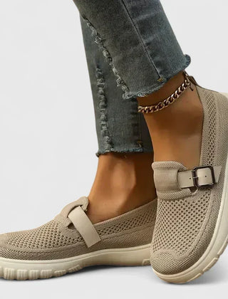 Fiona buckle strap slip-on shoes in Beige