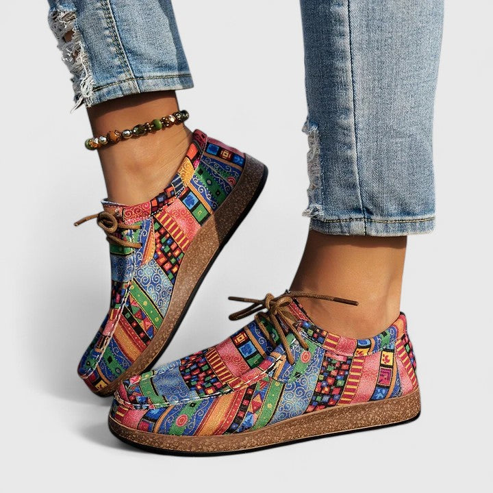 Yvette boho print lace-up moccasins in Green
