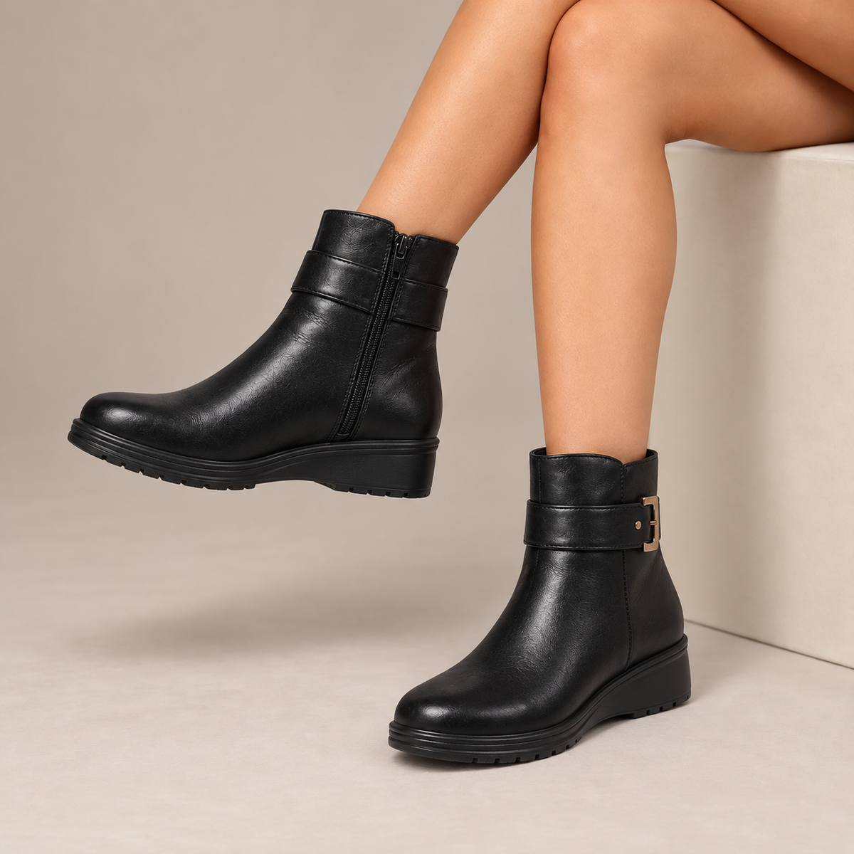 Dorrie Side-Zip Buckle Strap Ankle Boots