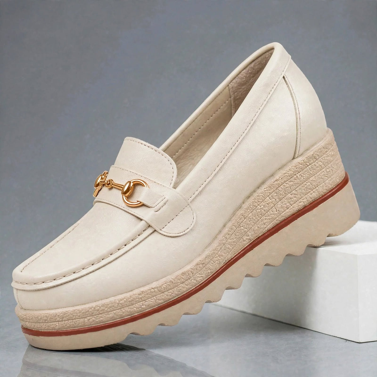 Audrey gold-bit wedge loafers in Cream side view
